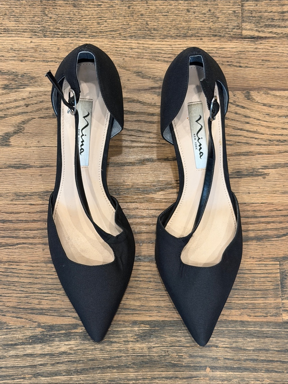 Nina Black Pointed D'Orsay Heels with Ankle Strap